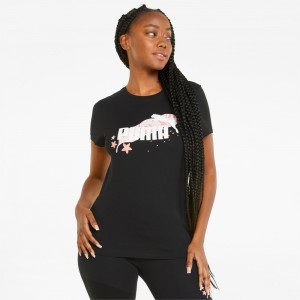 Camiseta Puma FLORAL VIBES Estampados Tee Mujer Negros | 3586790-QB